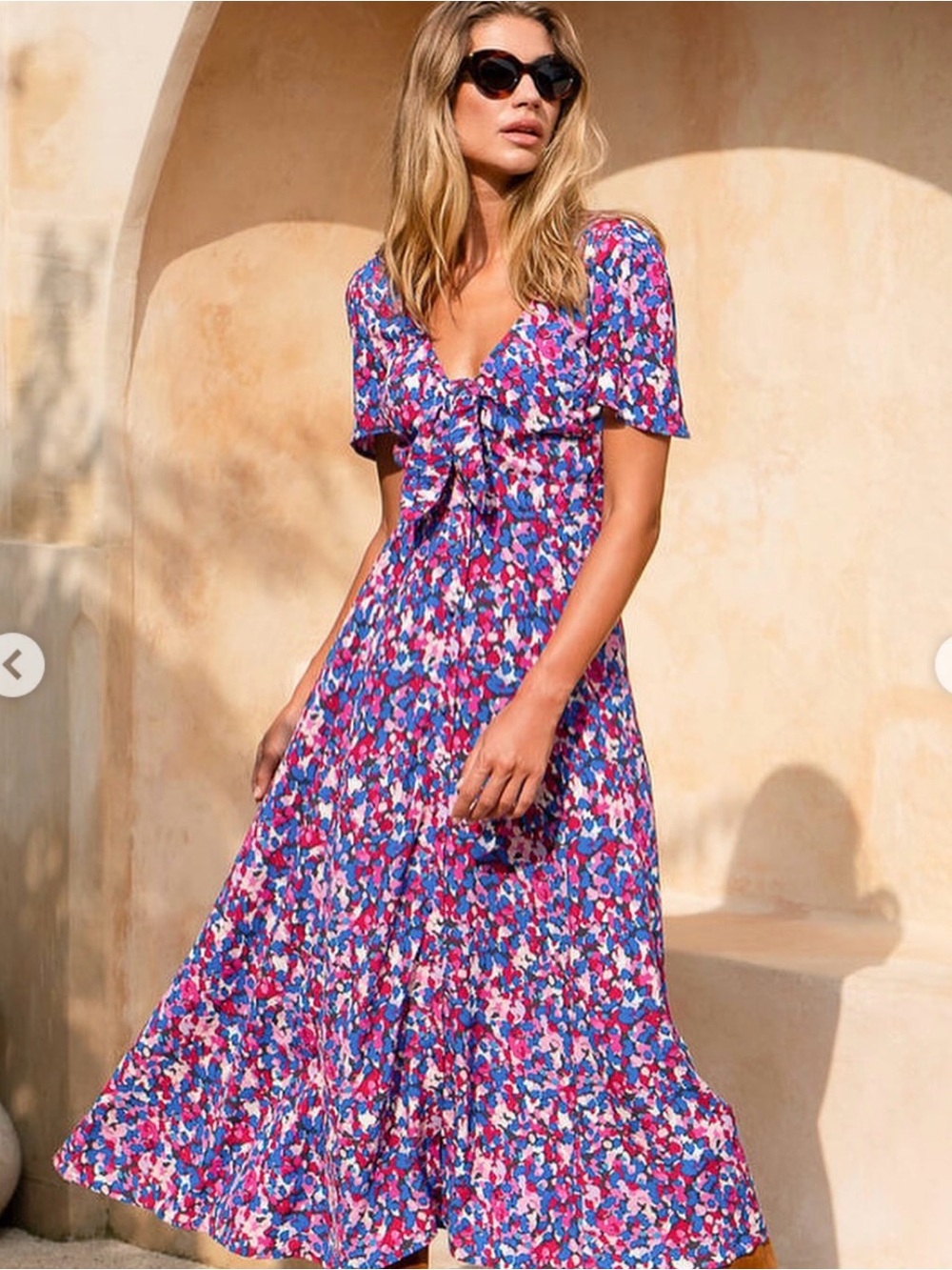 Mister Zimi Blue and Pink Floral Tie-Front Midi Dress